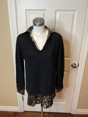 Tahari Black 100% Cashmere Layered Sweater W/ Leopard Trim, Size L